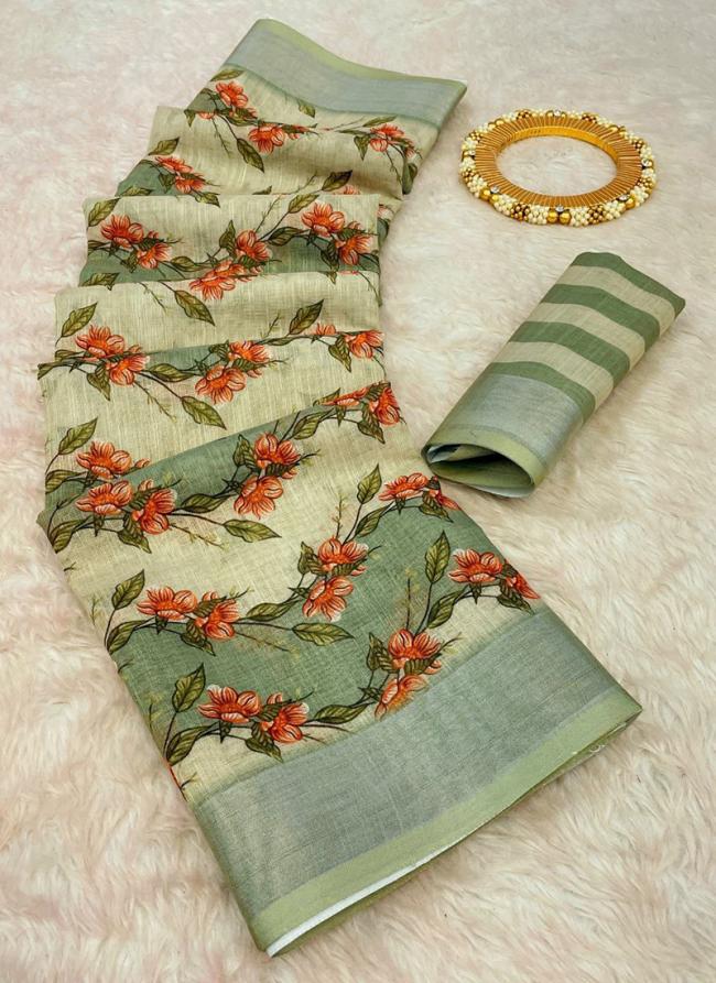 Linen Pista Green Casual Wear Digital Printed Saree